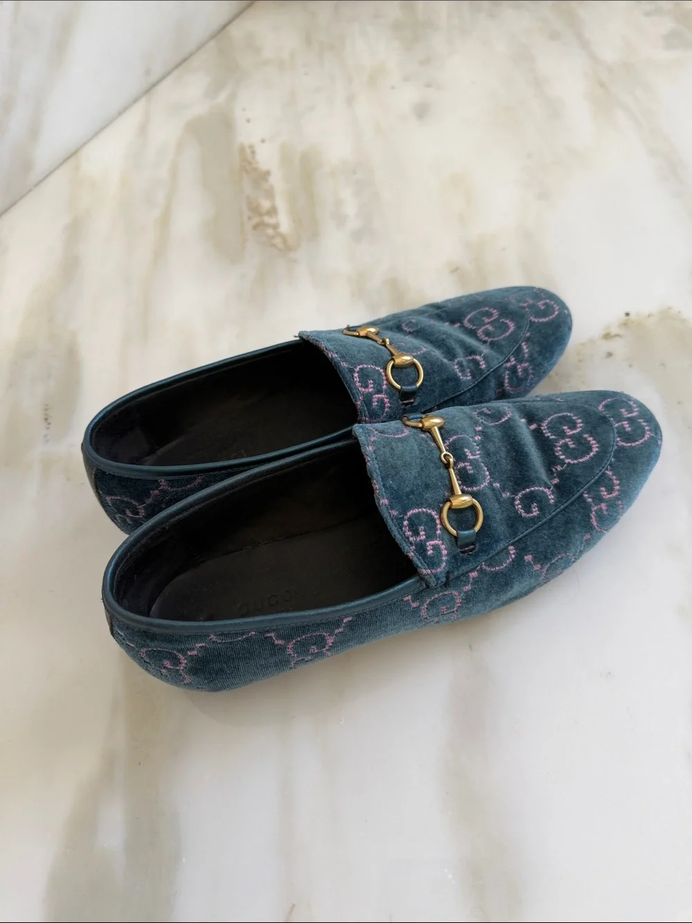 Blue Velvet Kids Loafers with Pink Monogram Detailing